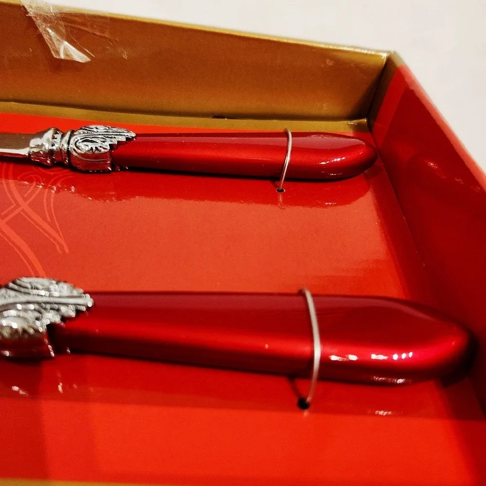 Cleopatra Holiday 2 pc Salad Serving Set Red Metal handle Open Box